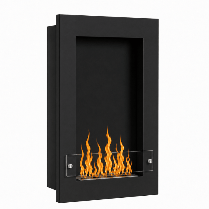WIKAO Bioethanol Wandkamin und Einbaukamin VERTIGO in Schwarz mit Glas, seitlich