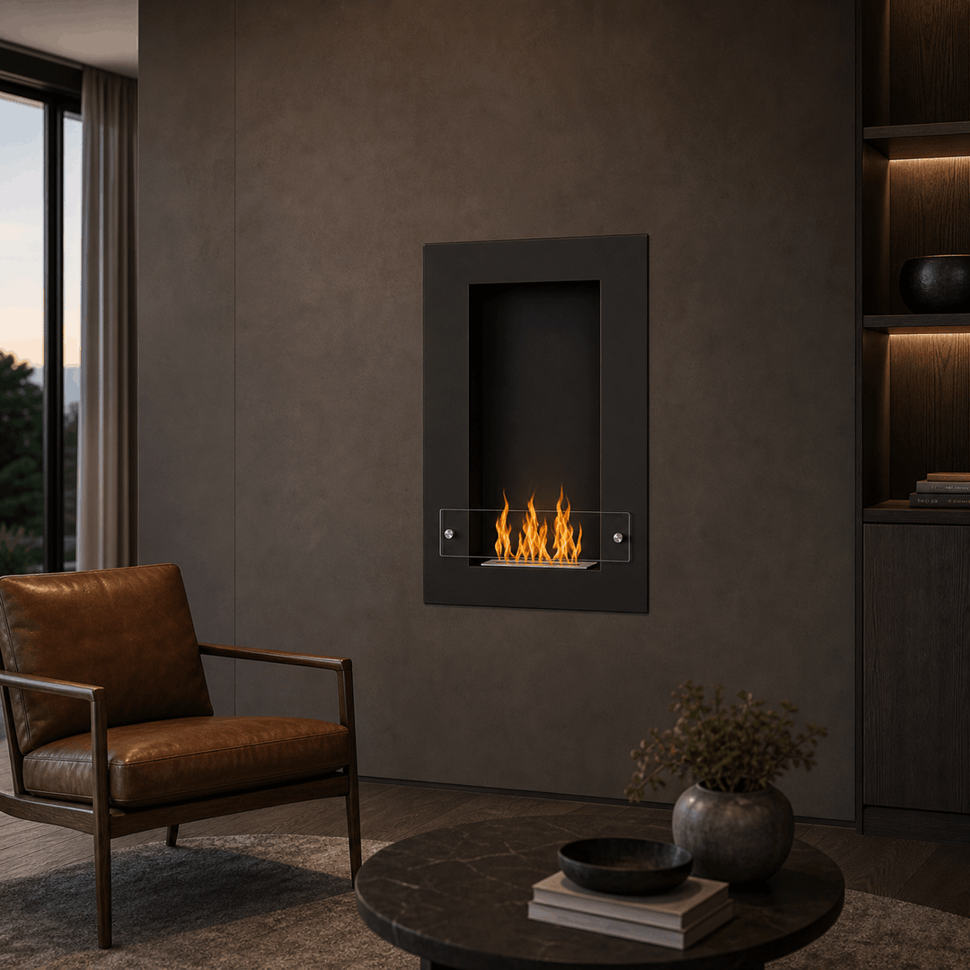 WIKAO Bioethanol Wandkamin und Einbaukamin VERTIGO in Schwarz mit Glas in einem dunklen Wohnzimmer