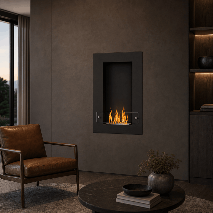 WIKAO Bioethanol Wandkamin und Einbaukamin VERTIGO in Schwarz mit Glas in einem dunklen Wohnzimmer