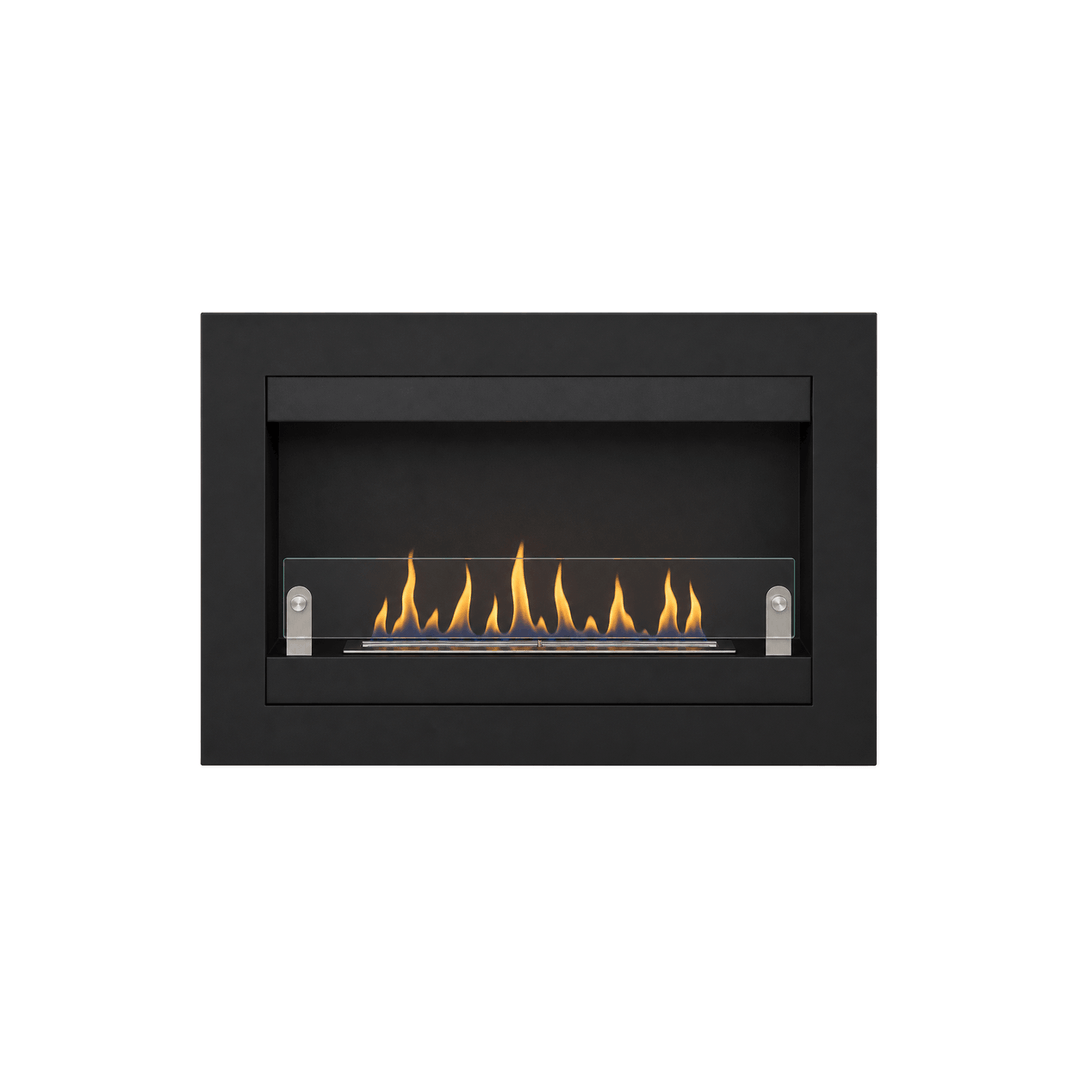 WIKAO Bioethanol Wandkamin VILLA in Schwarz mit Glas, frontal mit Flammen