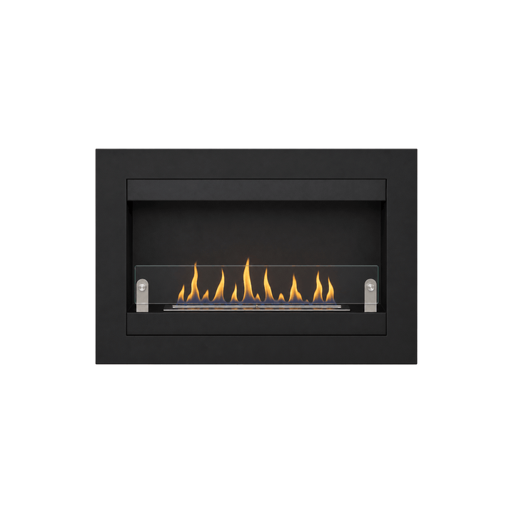 WIKAO Bioethanol Wandkamin VILLA in Schwarz mit Glas, frontal mit Flammen