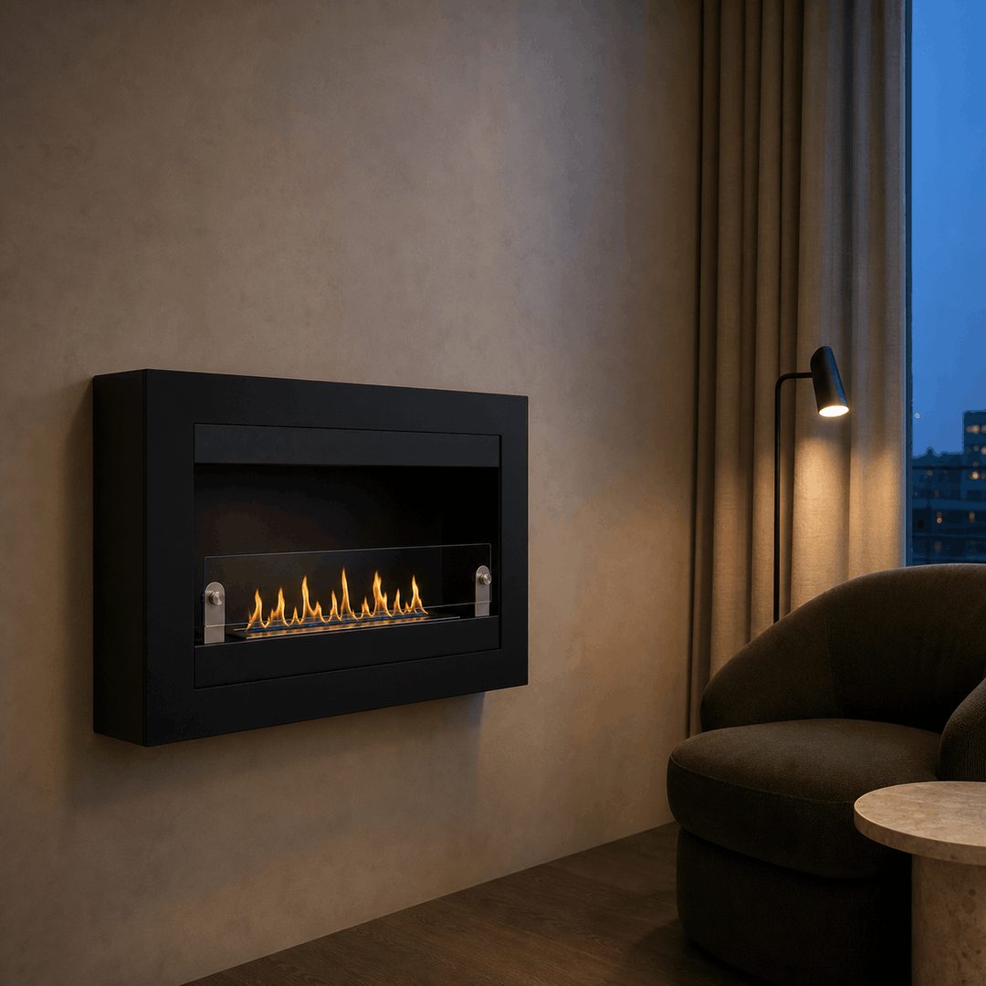 WIKAO Bioethanol Wandkamin VILLA in Schwarz mit Glas an einer Wohnzimmerwand am Abend
