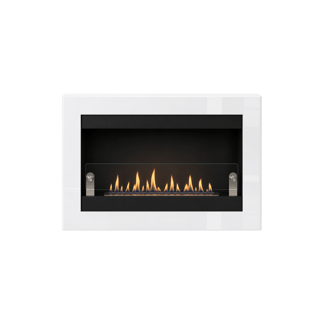 WIKAO Bioethanol Wandkamin VILLA in Weiß Hochglanz mit Glas, frontal mit Flammen
