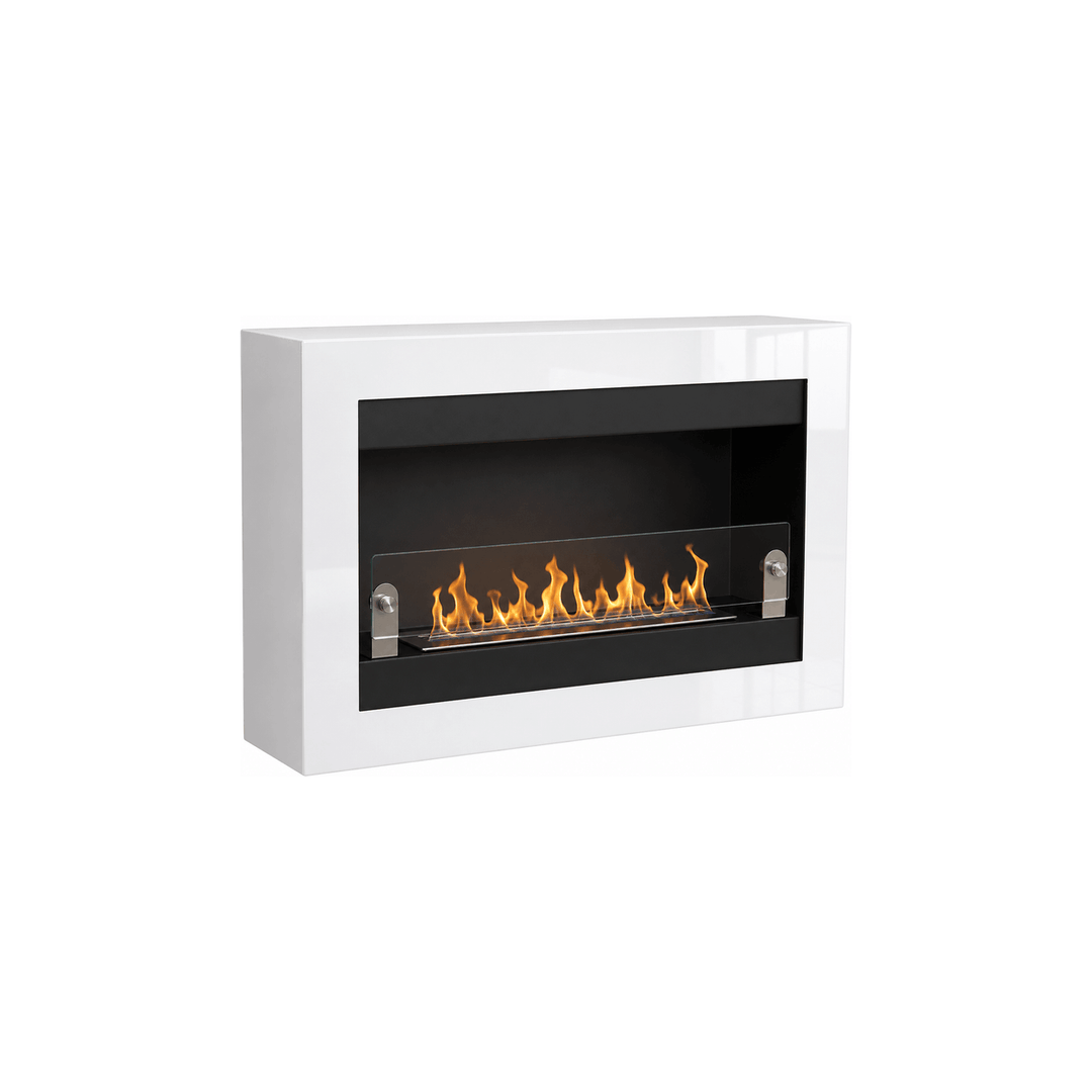 WIKAO Bioethanol Wandkamin VILLA in Weiß Hochglanz mit Glas, seitlich