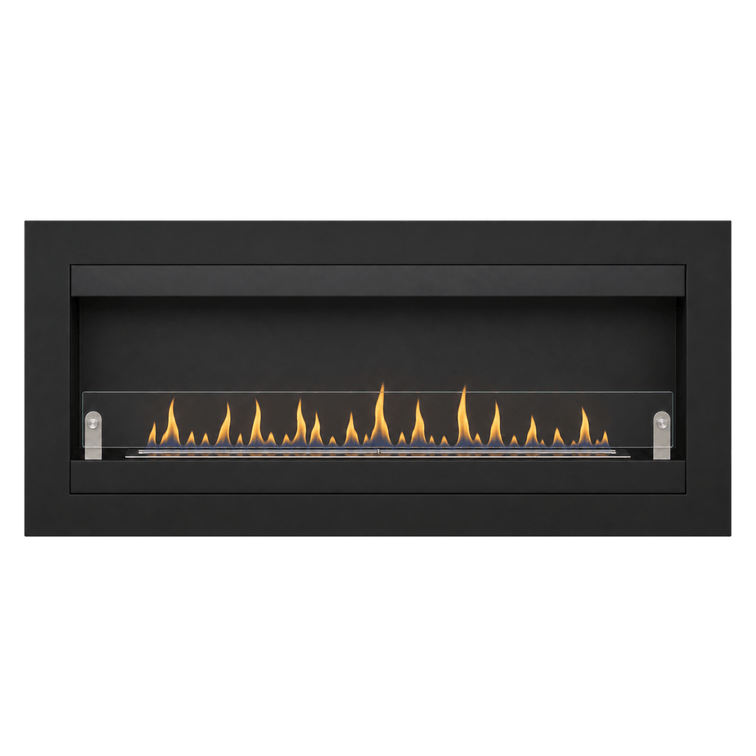 WIKAO Bioethanol Wandkamin VILLA XL in Schwarz mit Glas, frontal mit Flammen