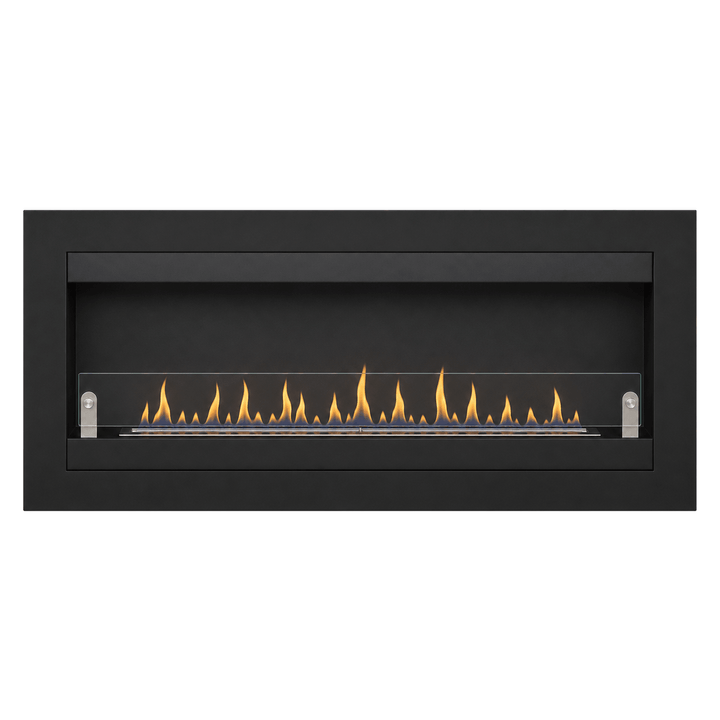 WIKAO Bioethanol Wandkamin VILLA XL in Schwarz mit Glas, frontal mit Flammen