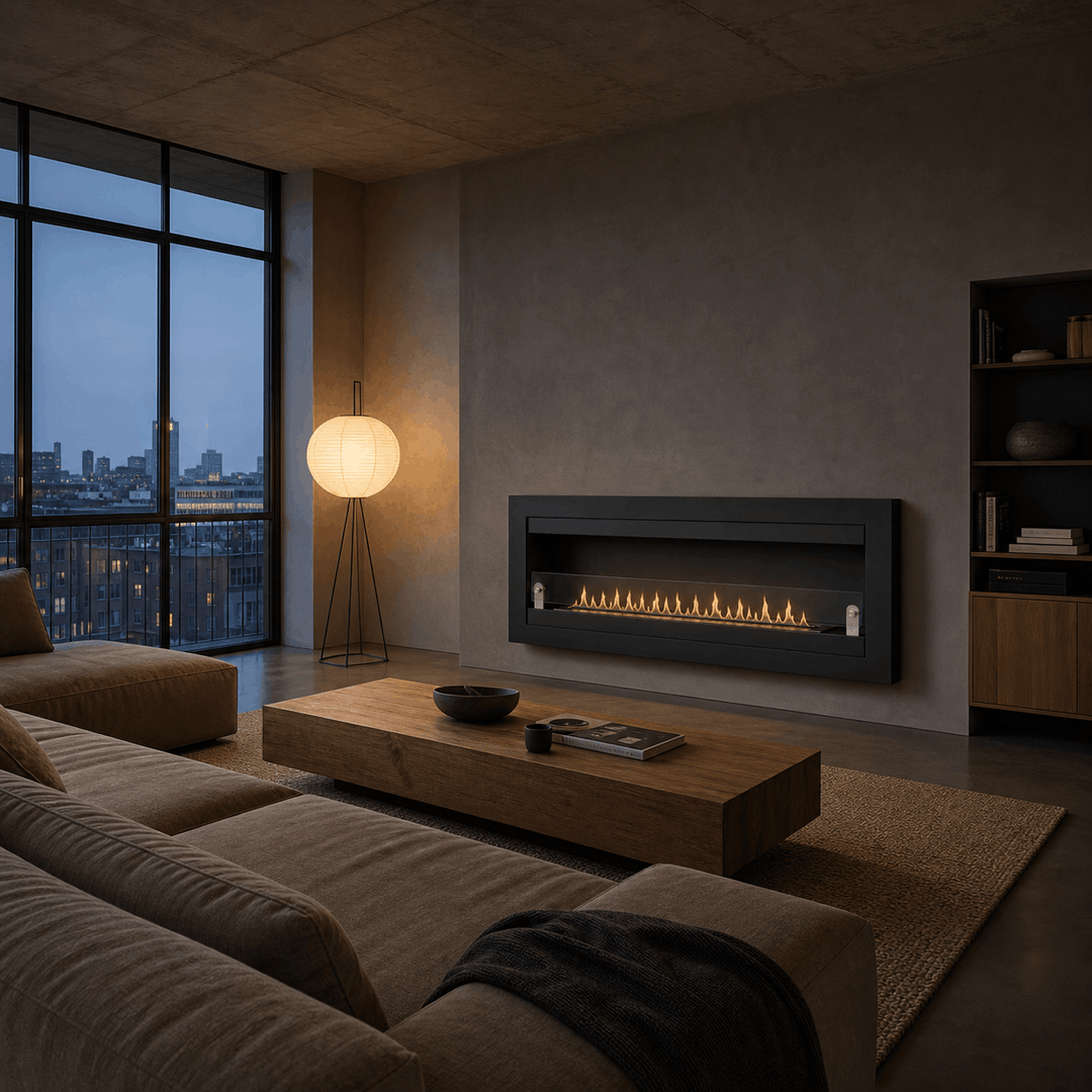 WIKAO Bioethanol Wandkamin VILLA XL in Schwarz mit Glas an einer modernen Wohnzimmerwand