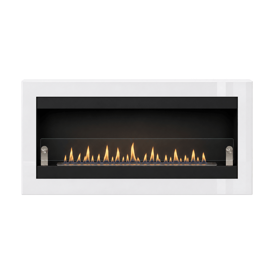 WIKAO Bioethanol Wandkamin VILLA XL in Weiß Hochglanz mit Glas, frontal mit Flammen