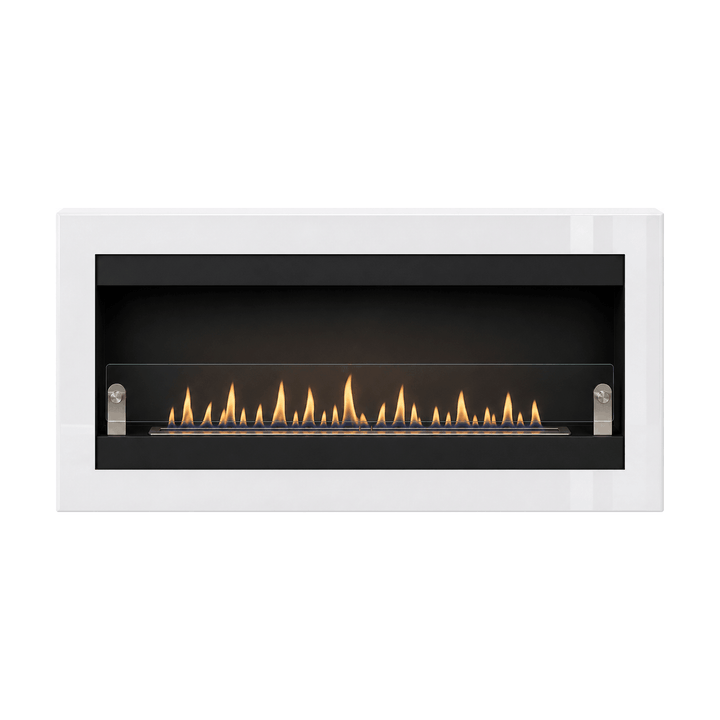 WIKAO Bioethanol Wandkamin VILLA XL in Weiß Hochglanz mit Glas, frontal mit Flammen