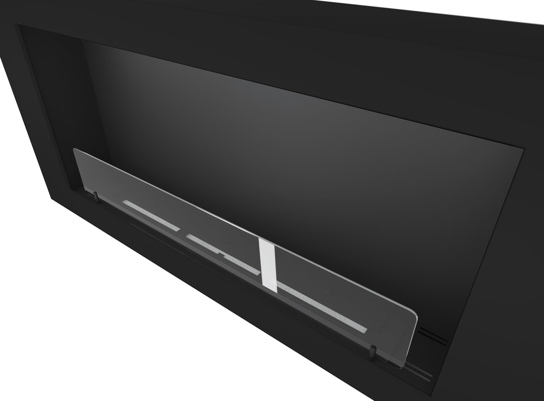 Bioethanol Wandkamin-wandmontage-murall-1200-infire-schwarz-nahaufnahme-stahl-bioethanol-brenner-glas-seitlich