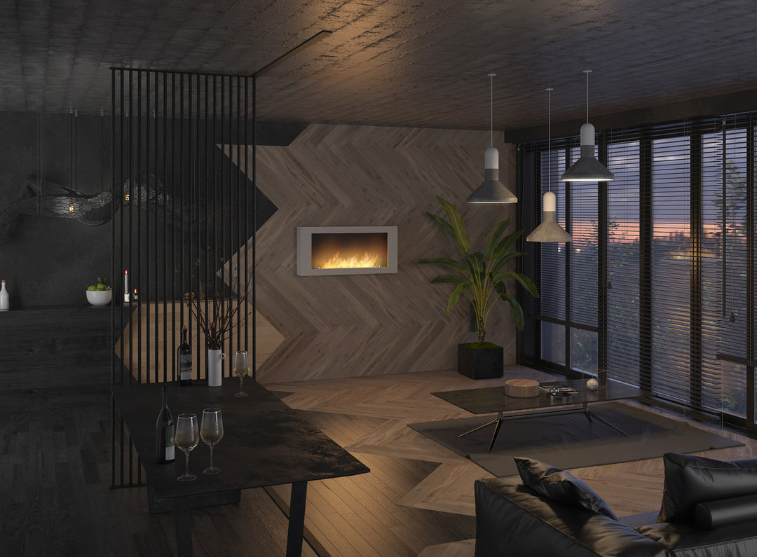 Bioethanol Wandkamin-wandmontage-murall-1200-infire-weiss-holzwand-modern-luxus-wohnzimmer-schwarze-couch