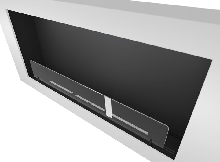 Bioethanol Wandkamin-wandmontage-murall-1200-infire-weiss-nahaufnahme-stahl-bioethanol-brenner-glas-seitlich