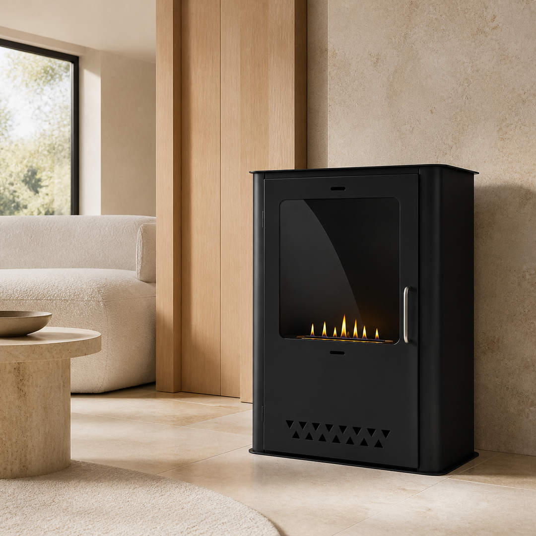 CALENZARA Bioethanol Standkamin in hellem Luxus Wohnzimmer