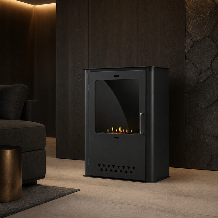 CALENZARA Bioethanol Standkamin in dunklem Luxus Wohnzimmer