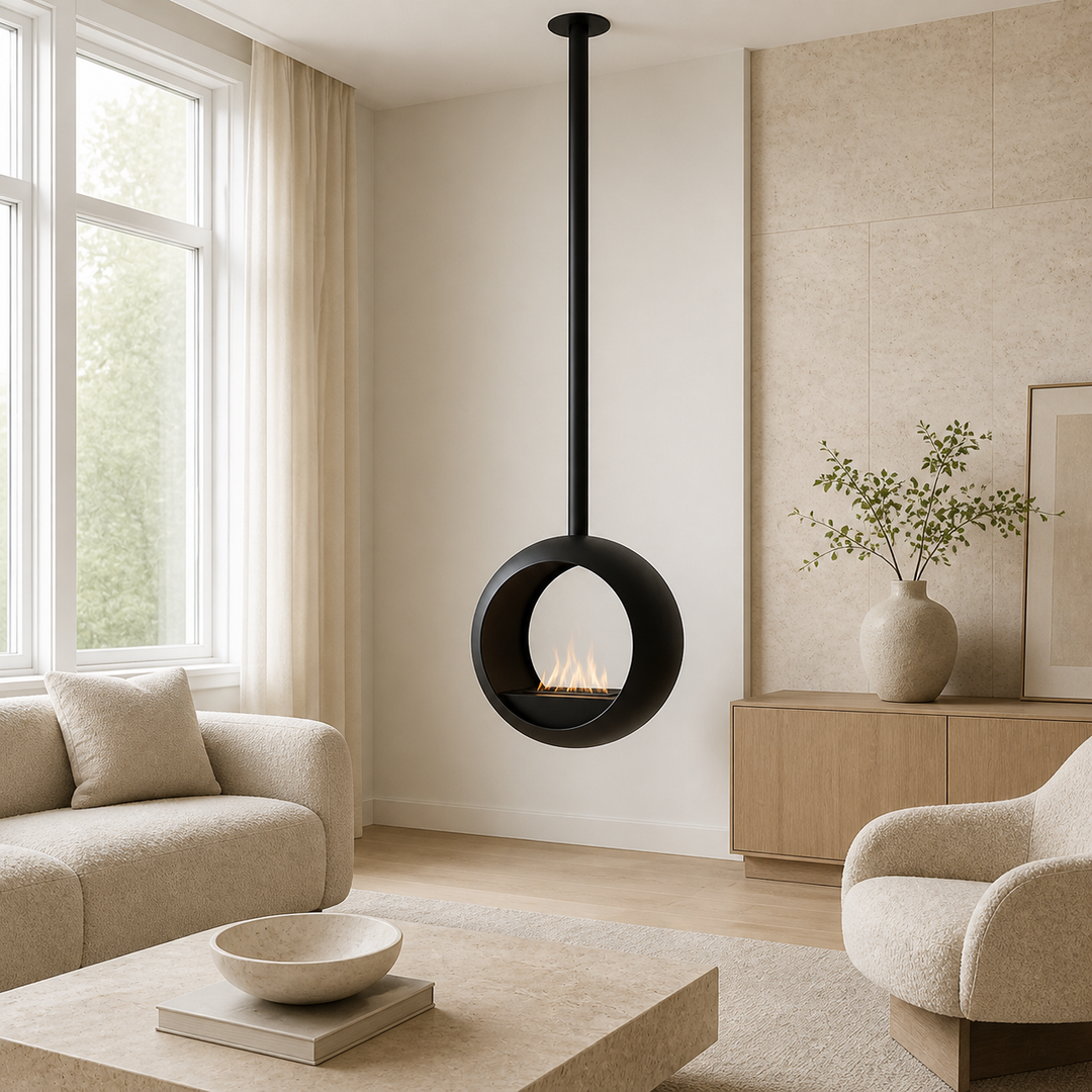 CENTO Bioethanol Deckenkamin in hellem modernem Wohnzimmer