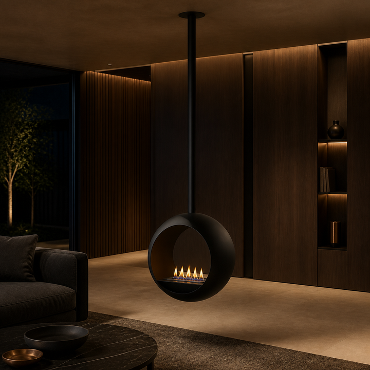 CENTO Bioethanol Deckenkamin in dunklem luxuriösem Wohnzimmer