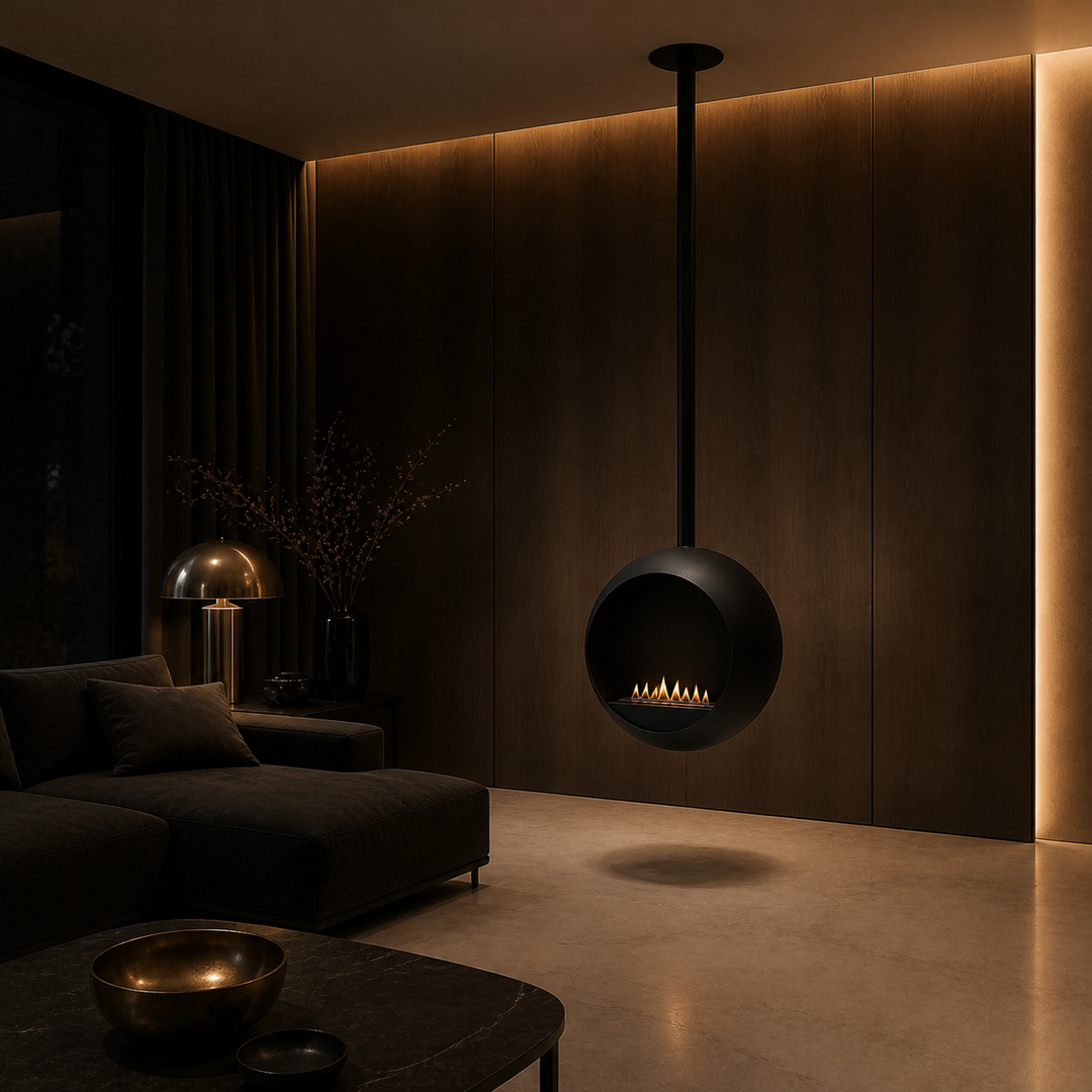 CENTONOVA Deckenkamin in dunklem luxuriösem Wohnzimmer