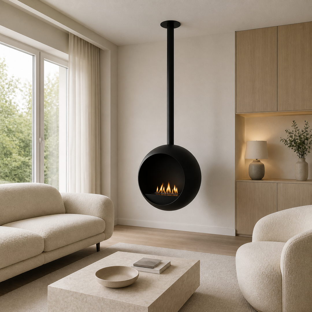 CENTONOVA Deckenkamin in hellem modernem Wohnzimmer