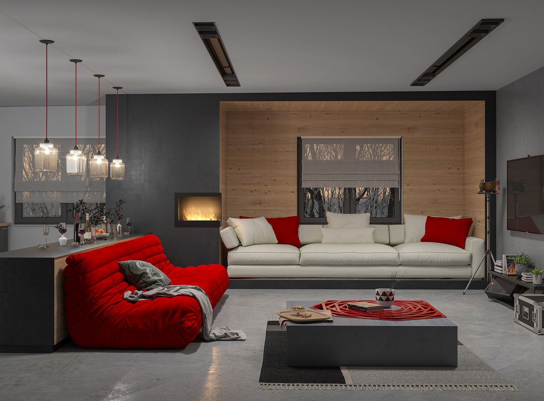 Bioethanol Eck Einbaukamin CORNER R600 in Schwarz mit Flammen in einem Wohnzimmer mit roten und weißen Sofas
