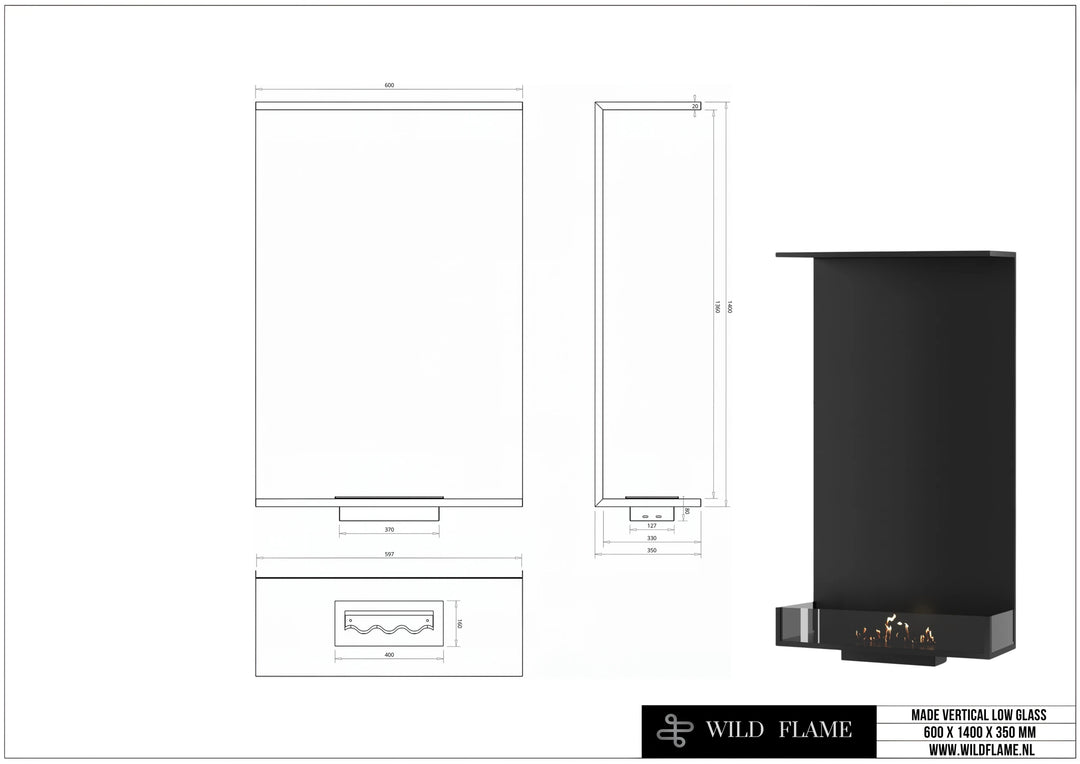 Dreiseitiger Bioethanol Einbaukamin MATE Vertikal 60x140 technische Zeichnung mit Maßen 600 x 1400 x 350 mm
