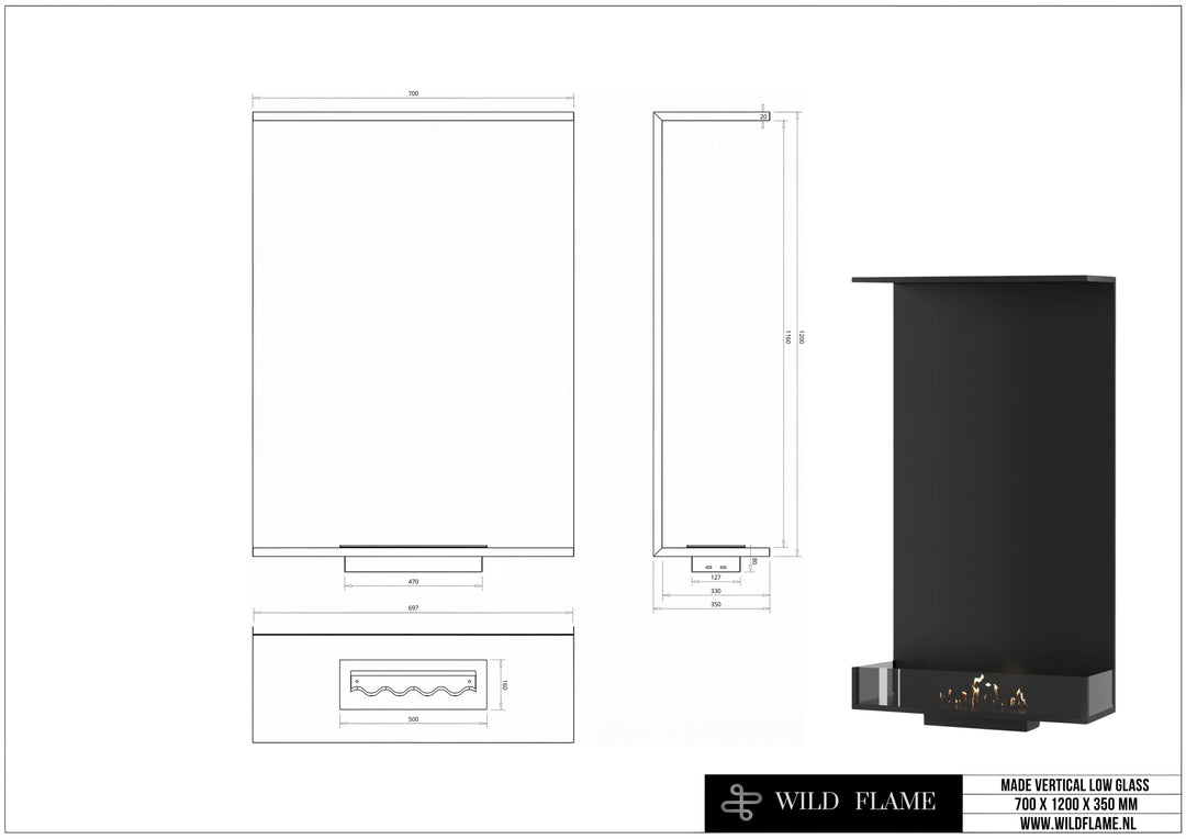 Dreiseitiger Bioethanol Einbaukamin MATE Vertikal 70x120 technische Zeichnung mit Maßen 700 x 1200 x 350 mm