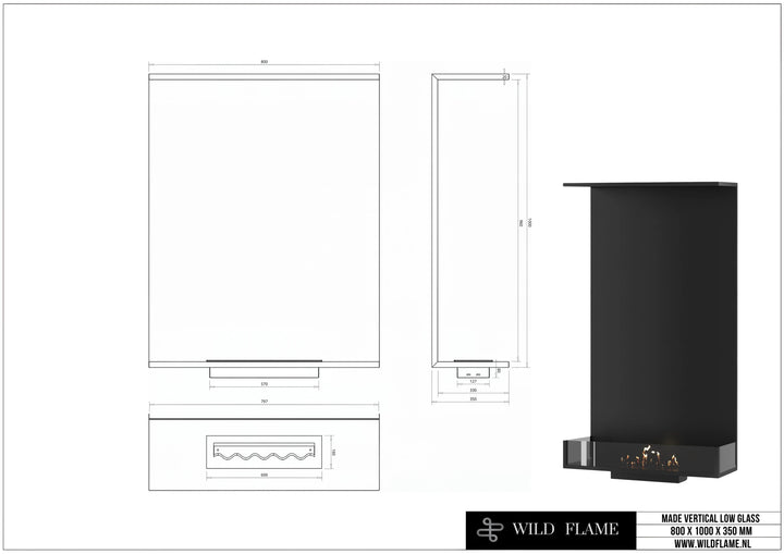 Dreiseitiger Bioethanol Einbaukamin MATE Vertikal 80x100 technische Zeichnung mit Maßen 800 x 1000 x 350 mm