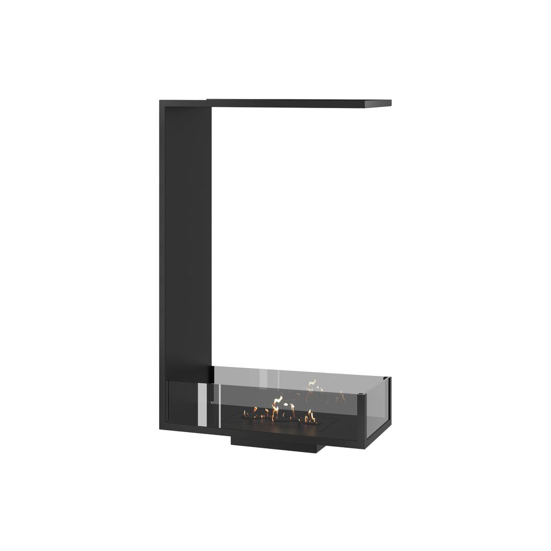 Dreiseitiger Bioethanol Einbaukamin SAINT Vertikal 60x100 cm mit niedriger Verglasung in Schwarz, Perspektivansicht auf weißem Hintergrund