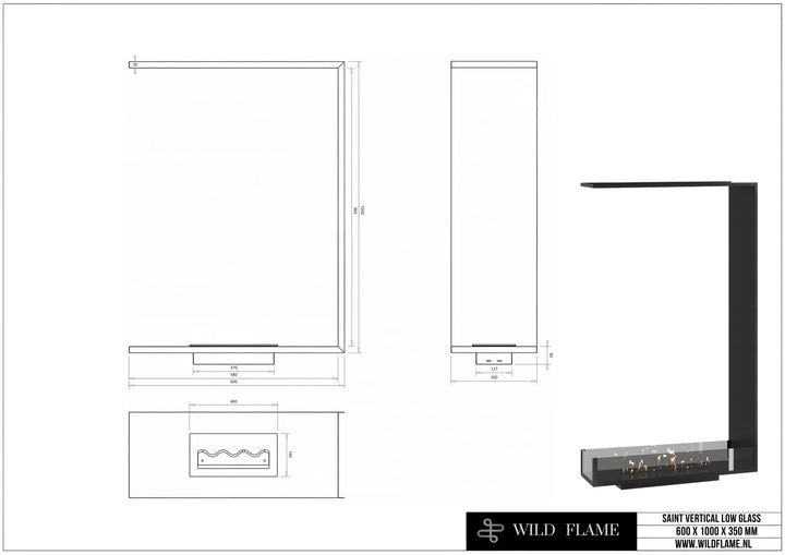 Dreiseitiger Bioethanol Einbaukamin SAINT Vertikal 60x100 technische Zeichnung mit Maßen 600 x 1000 x 350 mm