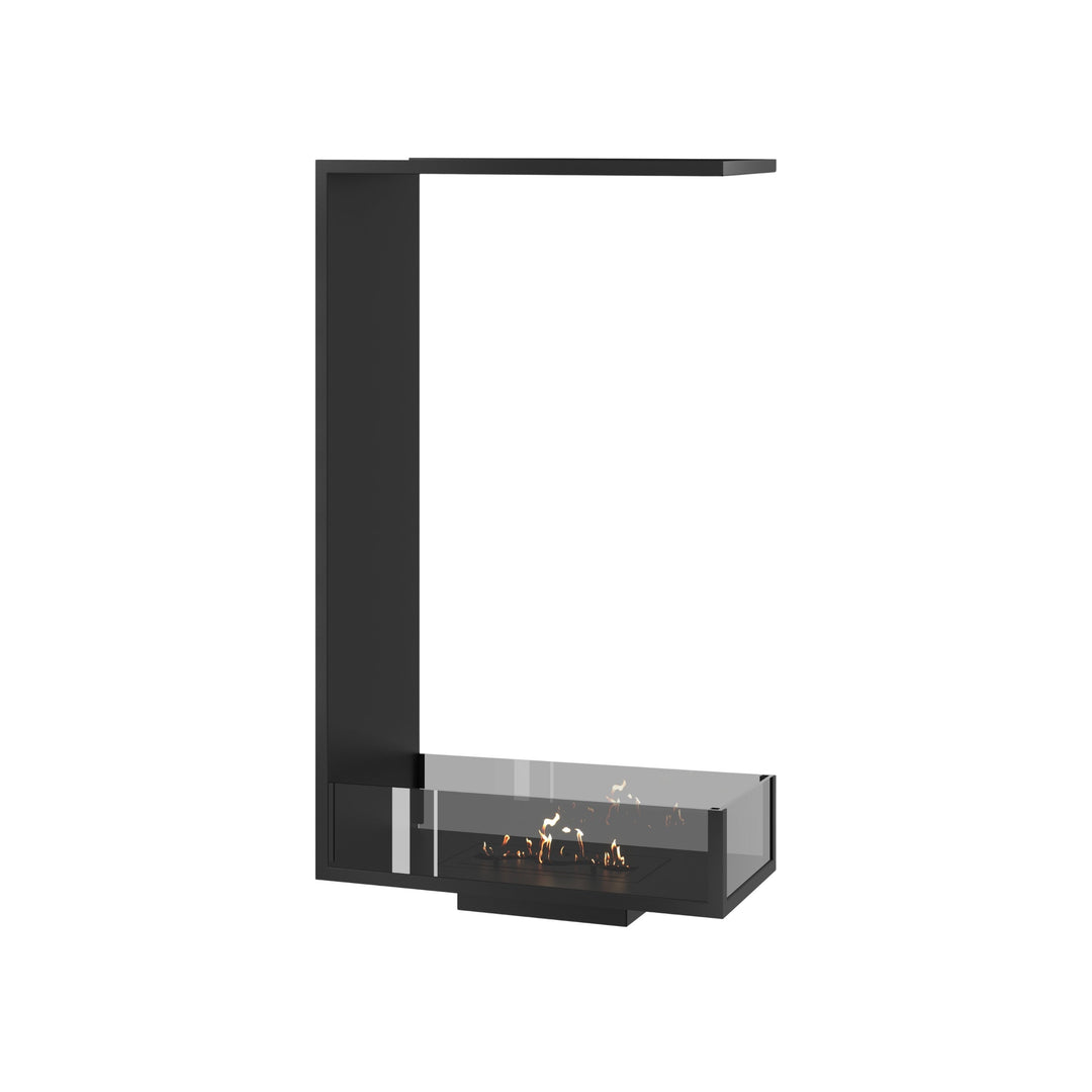 Dreiseitiger Bioethanol Einbaukamin SAINT Vertikal 60x120 cm mit niedriger Verglasung in Schwarz, Perspektivansicht auf weißem Hintergrund