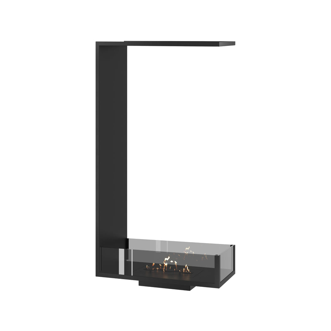 Dreiseitiger Bioethanol Einbaukamin SAINT Vertikal 60x140 cm mit niedriger Verglasung in Schwarz, Perspektivansicht auf weißem Hintergrund
