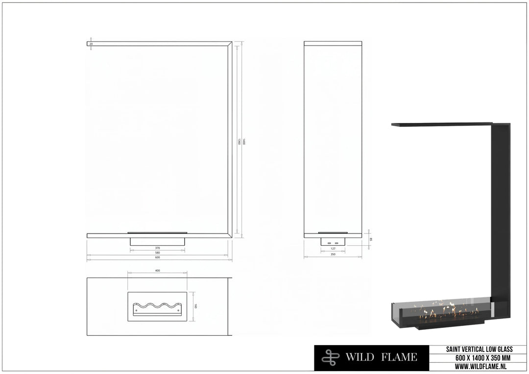 Dreiseitiger Bioethanol Einbaukamin SAINT Vertikal 60x140 technische Zeichnung mit Maßen 600 x 1400 x 350 mm