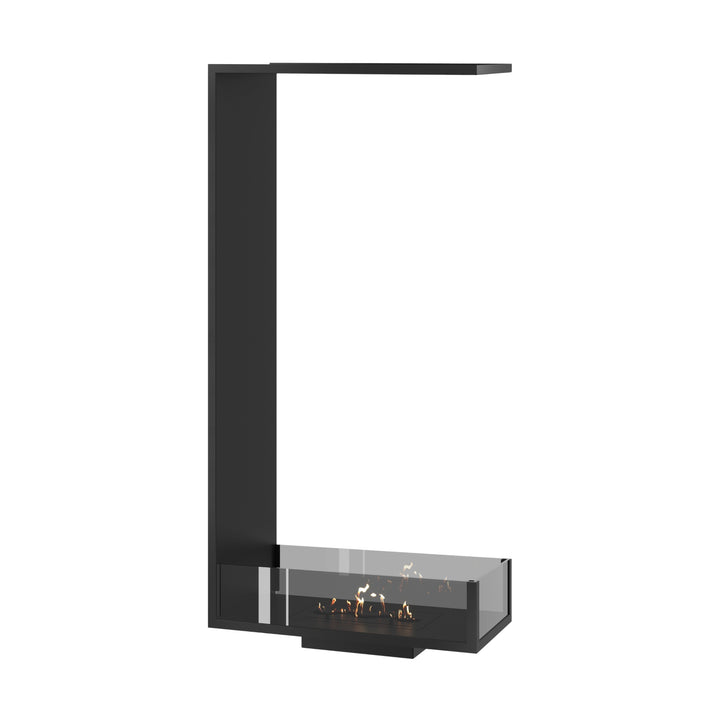 Dreiseitiger Bioethanol Einbaukamin SAINT Vertikal 60x160 cm mit niedriger Verglasung in Schwarz, Perspektivansicht auf weißem Hintergrund