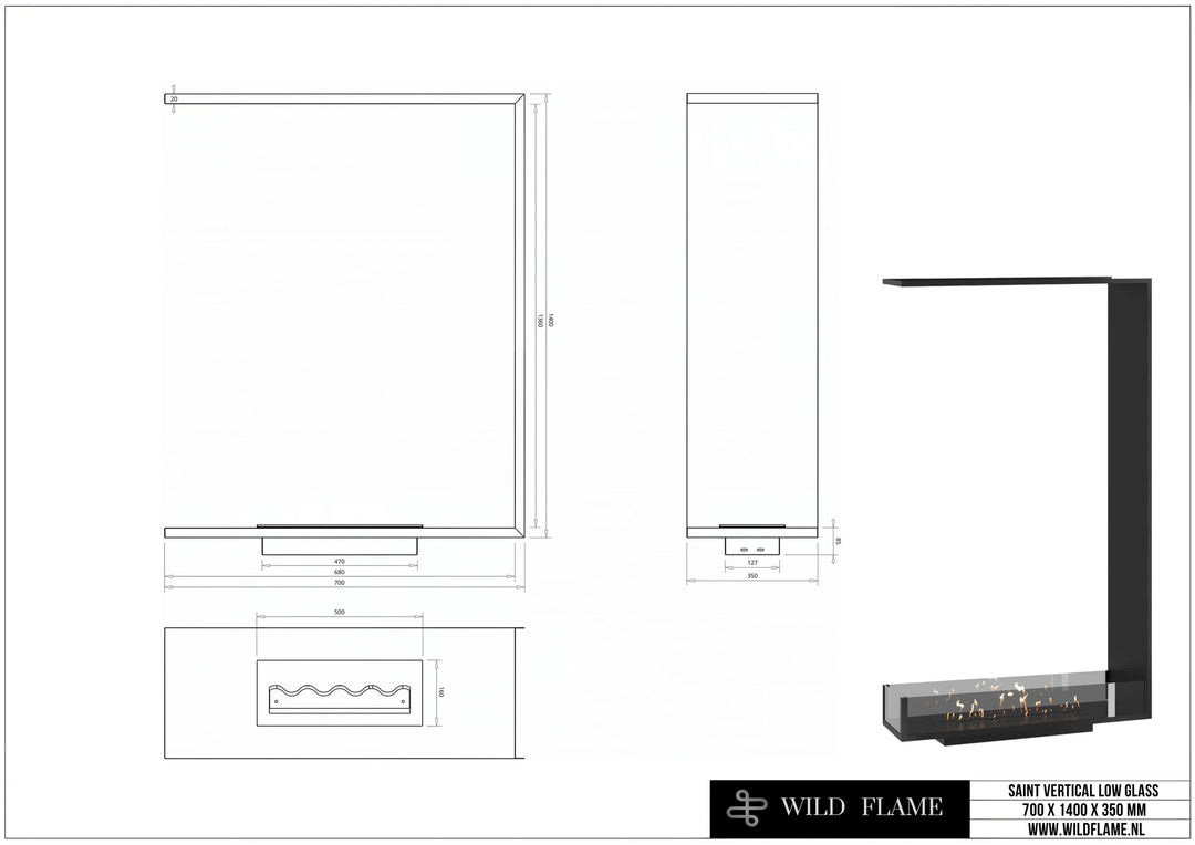 Dreiseitiger Bioethanol Einbaukamin SAINT Vertikal 70x140 technische Zeichnung mit Maßen 700 x 1400 x 350 mm