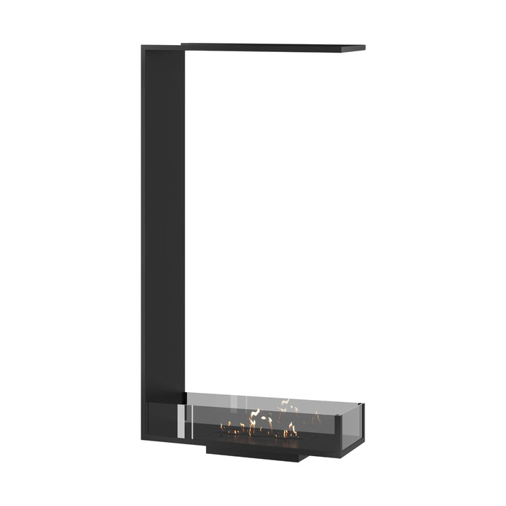 Dreiseitiger Bioethanol Einbaukamin SAINT Vertikal 70x160 cm mit niedriger Verglasung in Schwarz, Perspektivansicht auf weißem Hintergrund