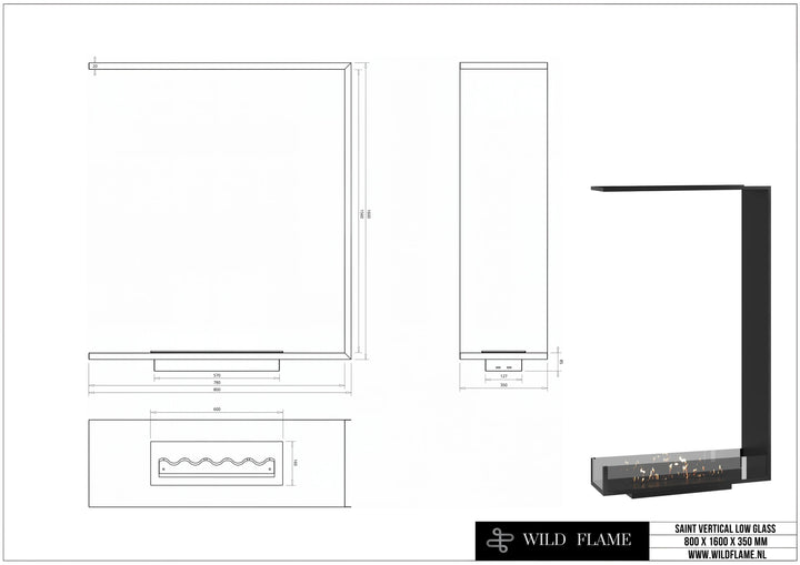 Dreiseitiger Bioethanol Einbaukamin SAINT Vertikal 80x160 technische Zeichnung mit Maßen 800 x 1600 x 350 mm