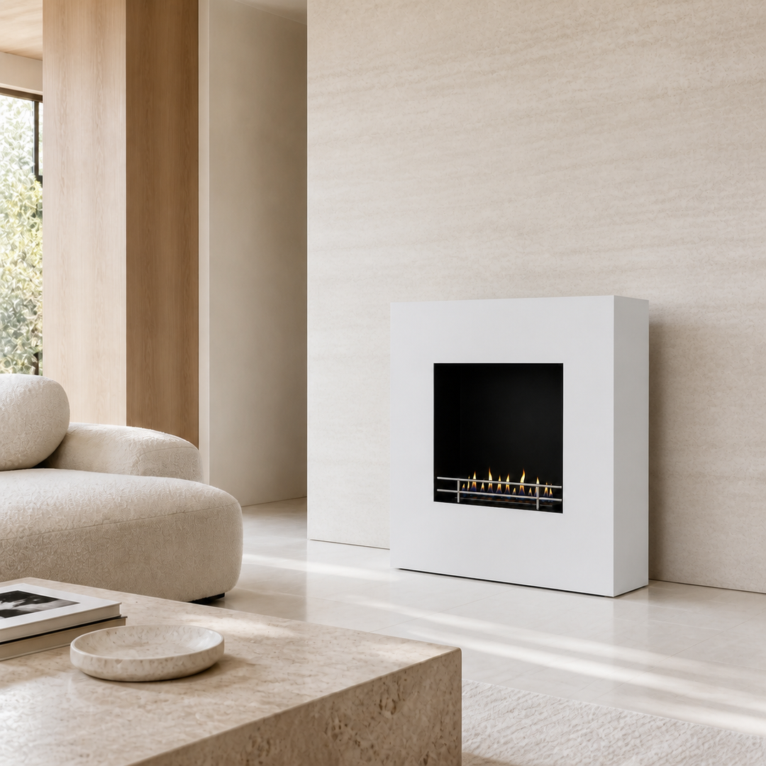 ELITE XXL Bioethanol Standkamin Weiß maßstabsgetreu in hellem Luxus Wohnzimmer