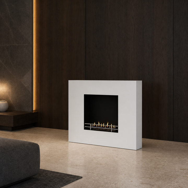 ELITE XXL Bioethanol Standkamin Weiß maßstabsgetreu in dunklem Luxus Wohnzimmer