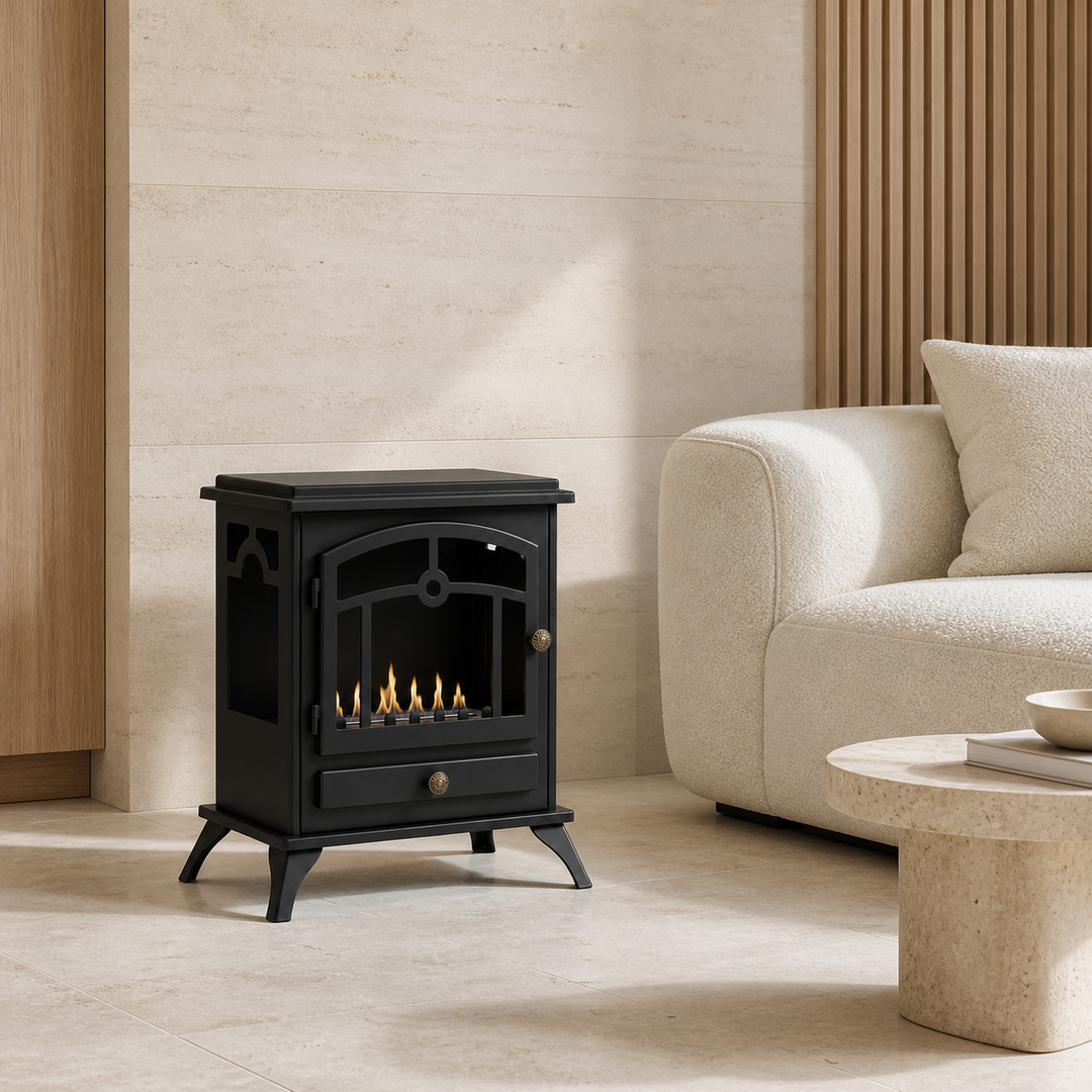 FIGARI Bioethanol Standkamin in hellem Luxus Wohnzimmer