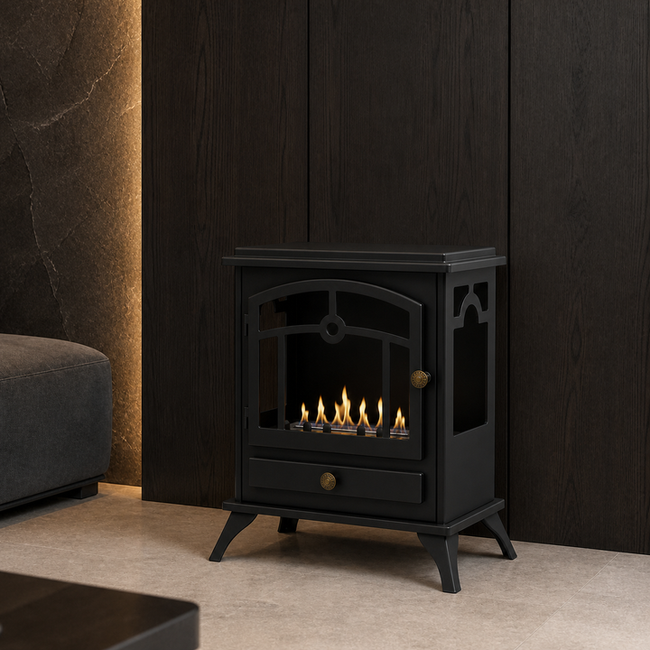 FIGARI Bioethanol Standkamin in dunklem Luxus Wohnzimmer