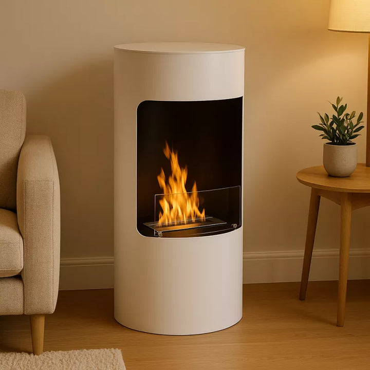 Freistehender Bioethanol Standkamin Rund Weiss mit Glas LEONIS in modernen Wohnzimmer