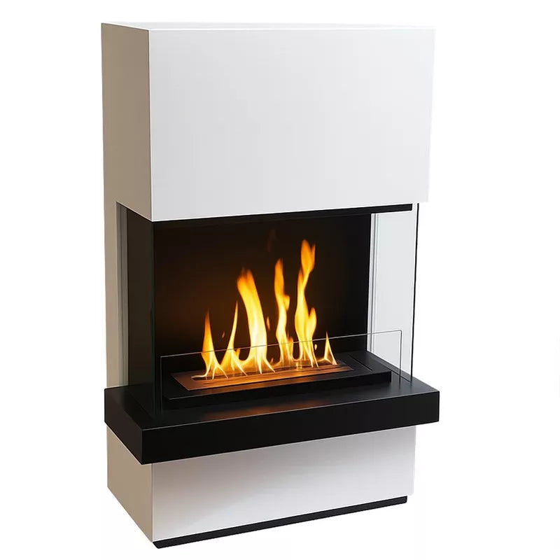 Freistehender Bioethanol Standkamin Standofen RIMINI XXL dreiseitig Raumteiler in Schwarz und Weiss mit Glas 