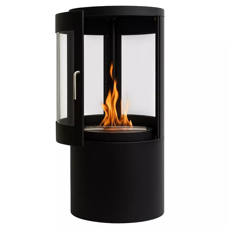 Freistehender Bioethanol Standkamin Standofen VASTO - rund, schwarz und 360° Vollverglasung, offene Glastür