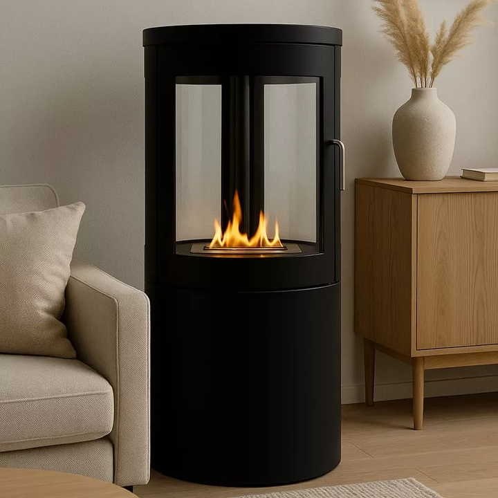 Freistehender Bioethanol Standkamin Standofen VASTO - rund, schwarz, mit Glastür und 360° Vollverglasung in Wohnzimmer