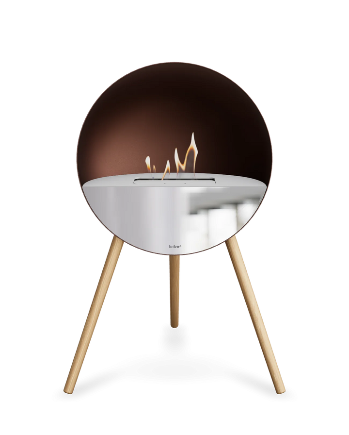 Le Feu EYE Bioethanol Standkamin Mokka - Oberes Glas Weiß Frontglas Spiegelglas Standfüße Seifenbehandelte Eiche - Ethanol Kamin freistehend
