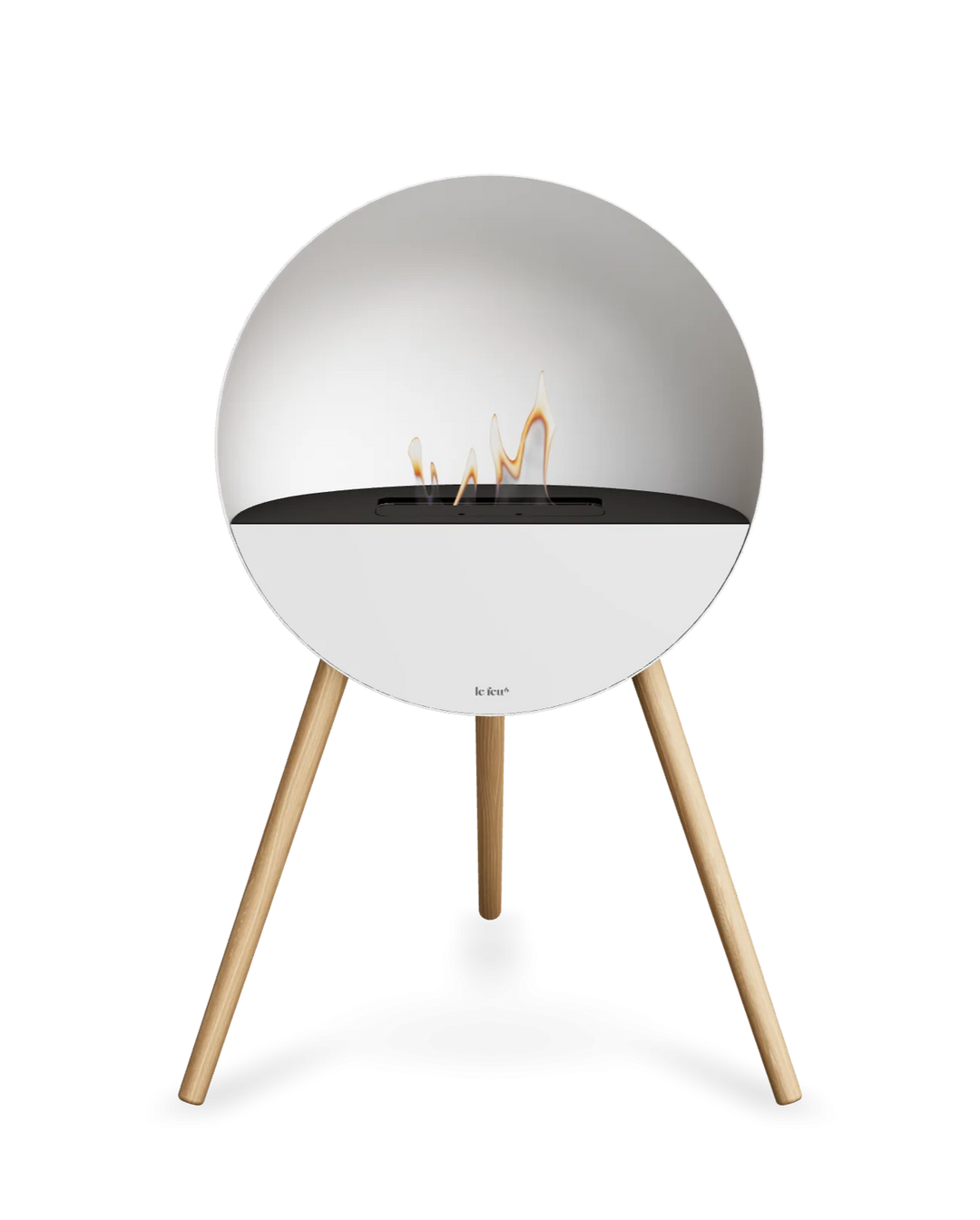 Le Feu EYE Bioethanol Standkamin Weiß - Oberes Glas Schwarz Frontglas Weiß Standfüße Seifenbehandelte Eiche - Ethanol Kamin freistehend