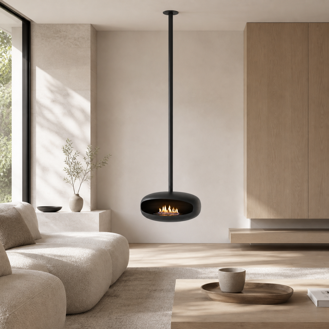 MARBELLA Bioethanol Deckenkamin in hellem modernem Wohnzimmer