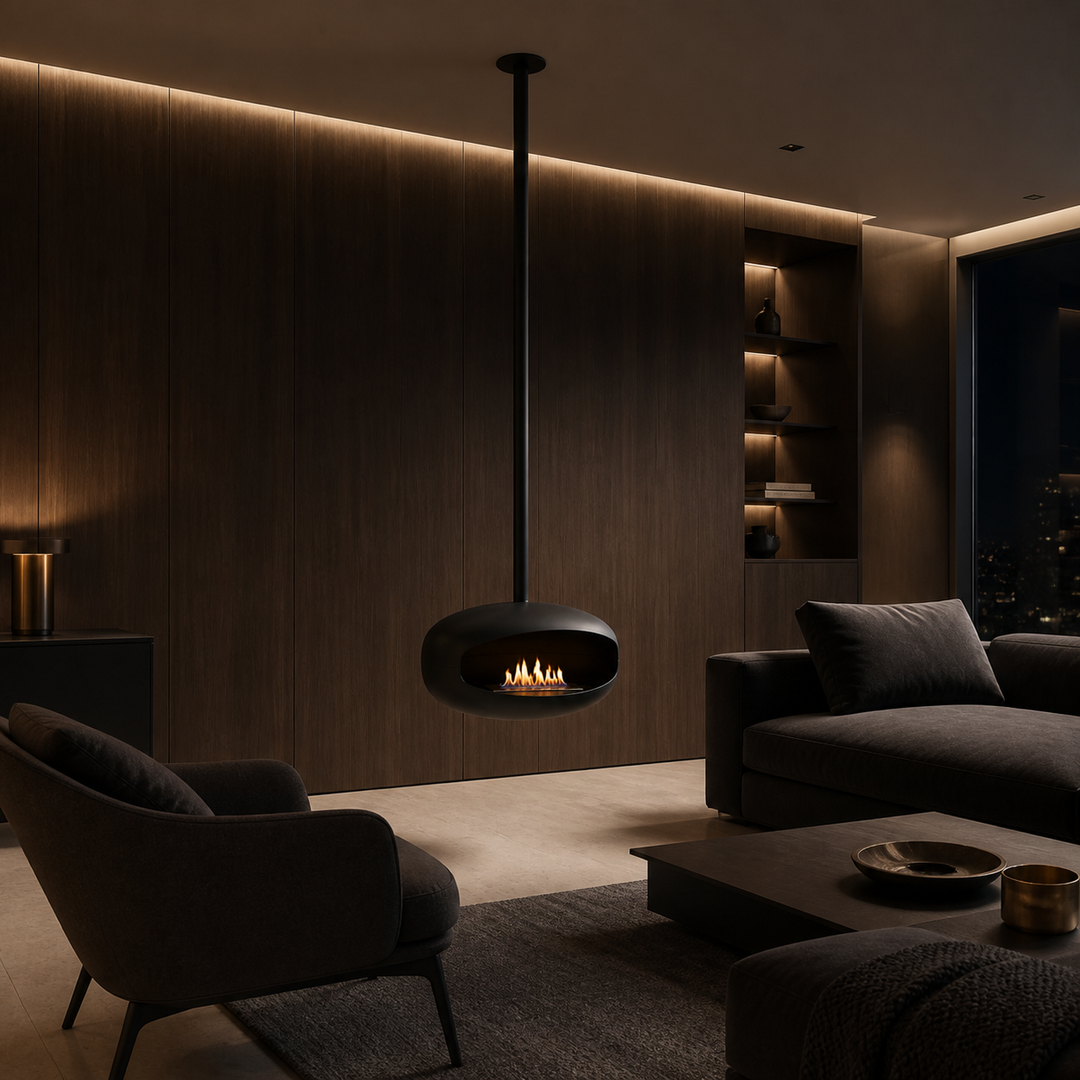MARBELLA Bioethanol Deckenkamin in dunklem luxuriösem Wohnzimmer