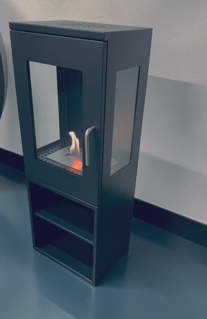 Freistehender Bioethanol Standkamin CASORIA Schwarz Glastuer Video Flammenspiel stehender Biokamin
