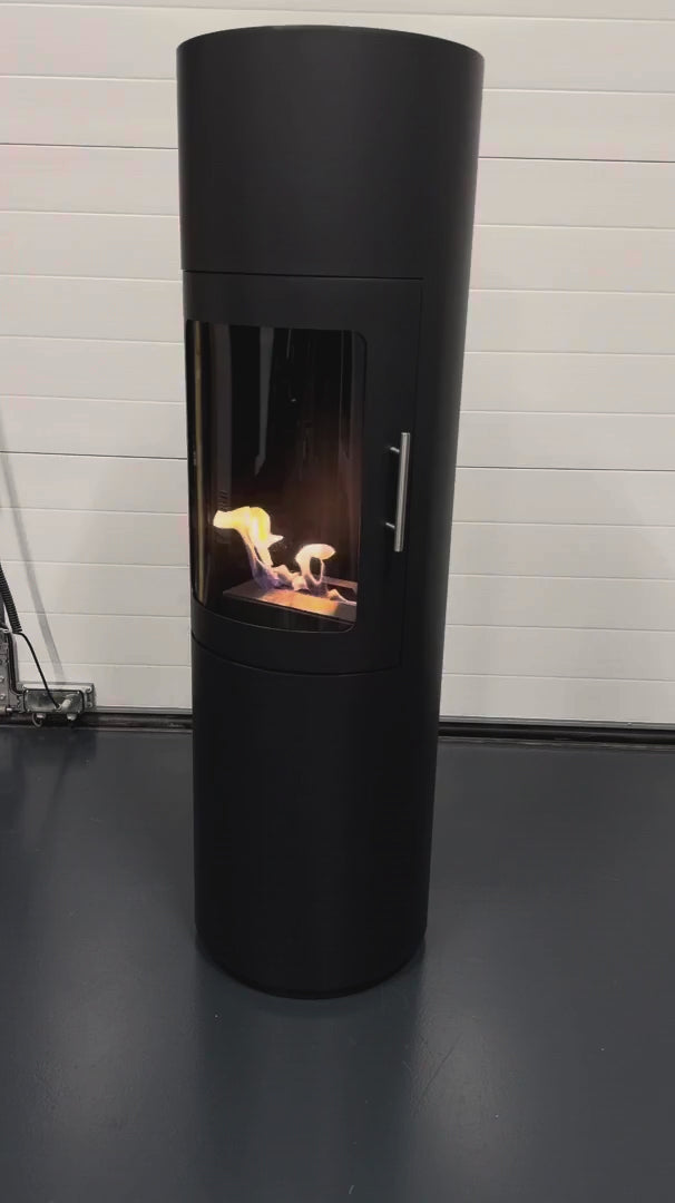 Freistehender Bioethanol Standkamin ODEMIRA rund mit Glastuer Schwarz Modern Video Flammenspiel