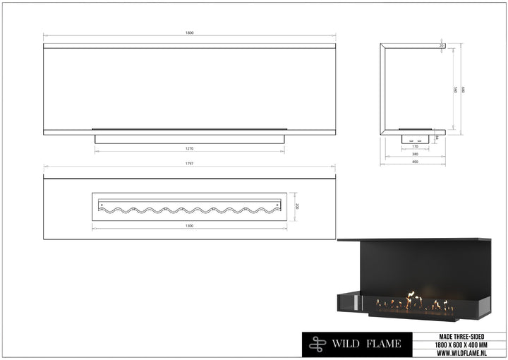 Technische Zeichnung Dreiseitiger Bioethanol Einbaukamin MATE 180, Abmessungen 1800 x 600 x 400 mm, Wild Flame